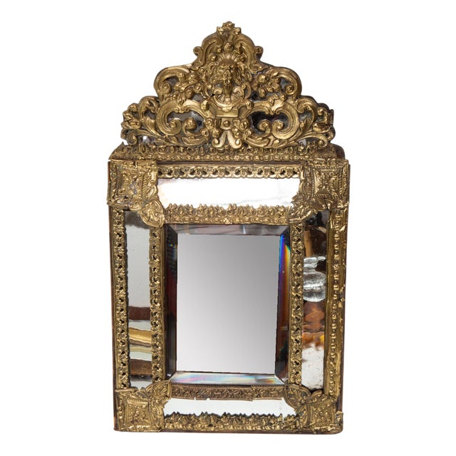 Antique French Embossed Brass Mirror with Crest, 1800s For Sale