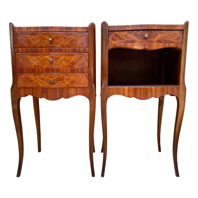 Early 20th Century French Marquetry and Iron Hardware Bedside Tables or Nightstand, A Pair For Sale