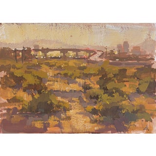 Under the Overpass by Judd Mercer | Gouache Landscape with an overpass and distant city skyline For Sale
