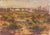 Under the Overpass by Judd Mercer | Gouache Landscape with an overpass and distant city skyline For Sale