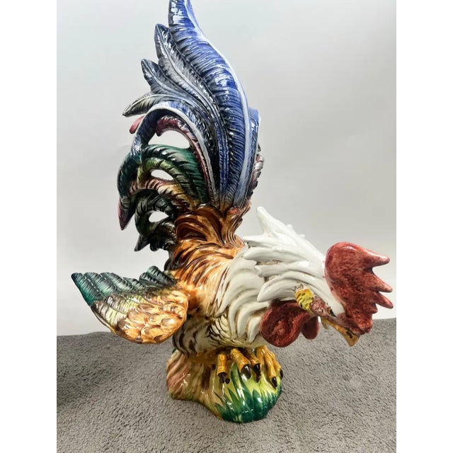Folk Art Vintage Hand-Painted Italian Majolica Ceramic Fighting Rooster Sculpture, a Pair 1980's For Sale - Image 3 of 15