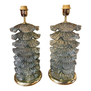 Pair of Modern Murano Ruffle Glass Lamps in Fontina Green For Sale