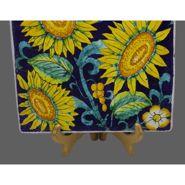 Late 20th Century Vintage Hand Painted Terra-Cotta Sun Flower Tuscan Wall Hanging Tile Trivet For Sale - Image 5 of 10
