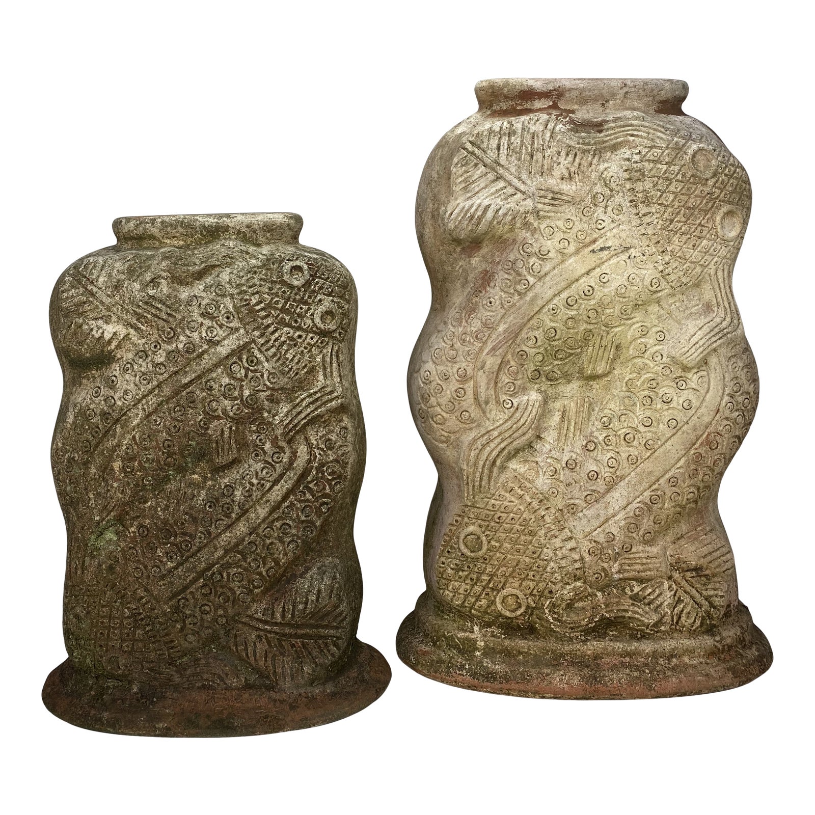 Vintage Asian Garden Vases With Koi Designs, Set of 2 Chairish