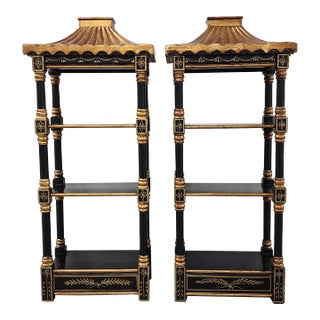 Chinoiserie Style Pagoda Black Lacquered Wood Wall Decorative Shelves-A Pair For Sale