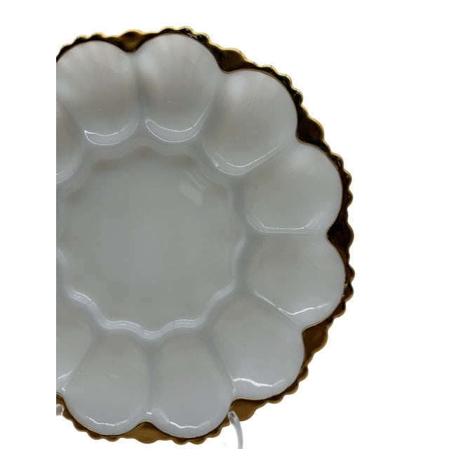 Glass Mid 20th Century Mid-Century Anchor Hocking Fire King Milk Glass 22kt Gold Trim Egg Plate - a Pair For Sale - Image 7 of 10