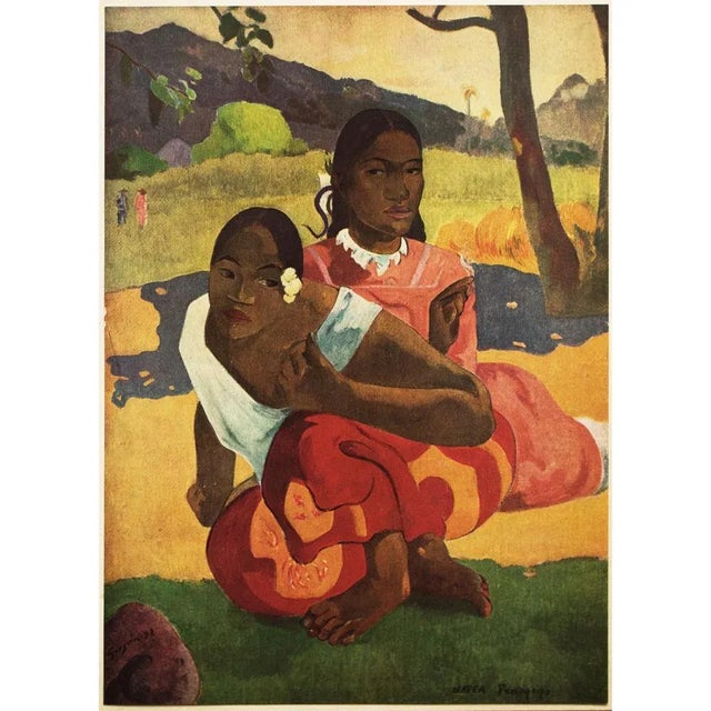 A stunning First Edition full-color print of painting "Nafea Faa-Ipoipo" ("When Will You Marry?", 1892) by Paul Gauguin....