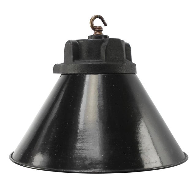 Paint Vintage Industrial German Cast Iron, Black Enamel and Frosted Glass Pendant Light from Siemens For Sale - Image 7 of 7