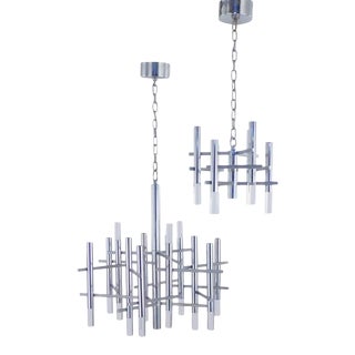 Vintage 1970s Gaetano Sciolari Labeled Chrome Lucite Large and Small Chandeliers - Set of 2 For Sale