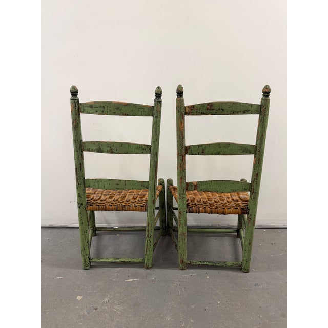 Gorgeous Pair of Distressed Early American Shaker-Style Ladder Back Chairs With Original Green Paint For Sale - Image 9 of 12