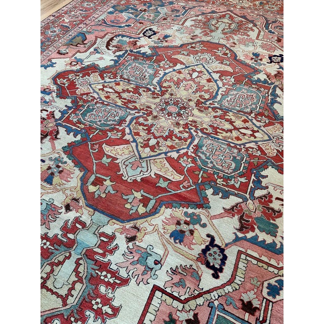 Antique Persian Heriz Carpet Handmade Wool Oriental Rug, Light, Pink, Light Blue For Sale - Image 11 of 18
