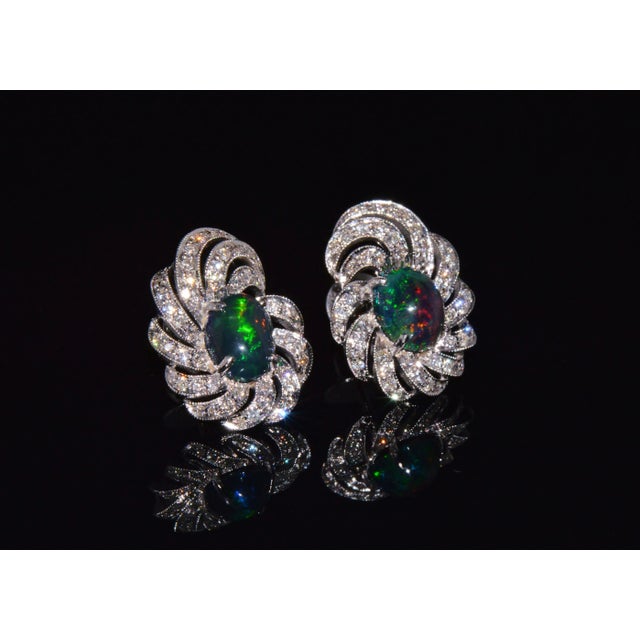 Certified Natural 3.45Cts vs F Diamond Black Opal 18k Solid Gold Cocktail Swirl Earrings - 2 Pieces For Sale In Dallas - Image 6 of 10