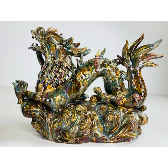 1970s Mid-Century Vintage Magnificent Pair of Majolica Pottery Dragons For Sale - Image 5 of 12