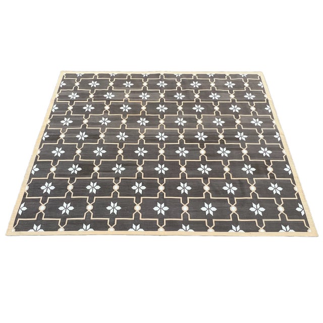 Cotton Vegetable Dyed Brown and Cream Reversible Flower Rug-10'x14' These special flat-weave dhurries are hand-woven with...