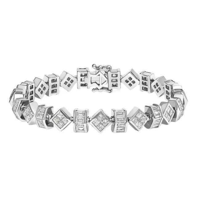 14K White Gold 9.0 Cttw Princess and Baguette Diamond Geometrical Style Link Bracelet (G-H Color, VS1-VS2 Clarity) - 7" Inches For Sale
