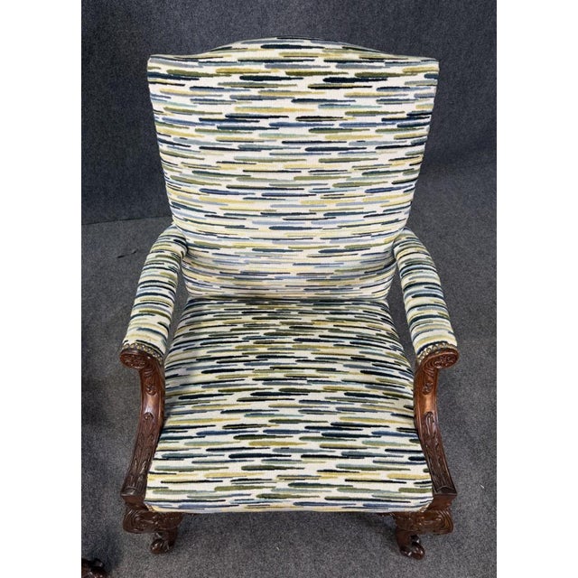 Wood Late 20th Century Pair of Baker Furniture Attributed Stately Homes Gainsborough Arm Chairs in Green & Blue For Sale - Image 7 of 11