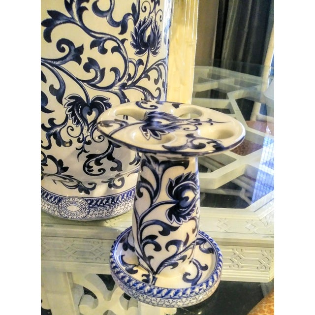 3 Piece Ceramic Chinoiserie Blue and White Bathroom Accessories Waste