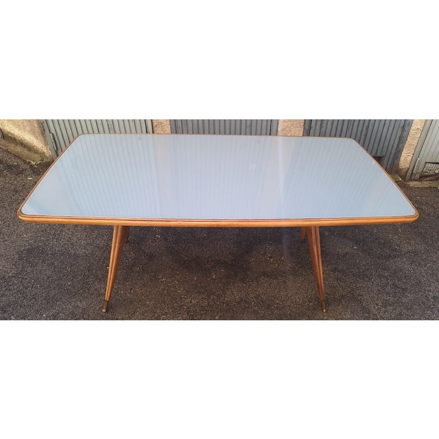 Dining Table Wooden Base, Brass Finishes, Wooden and Blue Glass Top, 1950s For Sale - Image 6 of 6