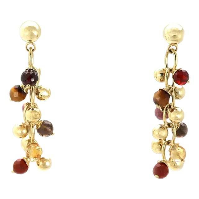 Multi-Color Gems 14k Yellow Gold Cluster Bead Dangle Earrings - 2 Pieces For Sale