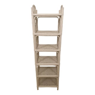 Mid Century Ficks Style Reed Coastal Wicker Rattan Shelving Unit, Attributed For Sale