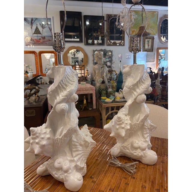 White Vintage Pair Seashell Shell Plaster Table Lamps by Sirmos Newly Wired & Restored For Sale - Image 8 of 11