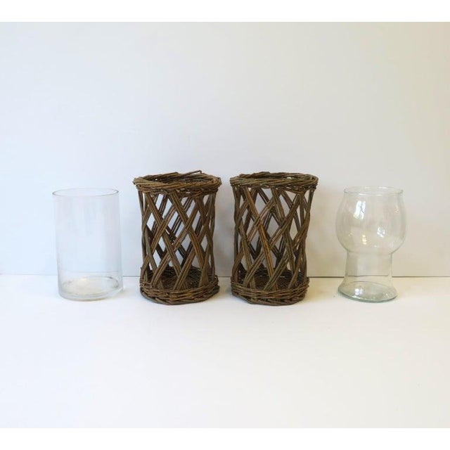 Wood Hurricane Candles Lamps Wicker and Glass, Pair For Sale - Image 7 of 9