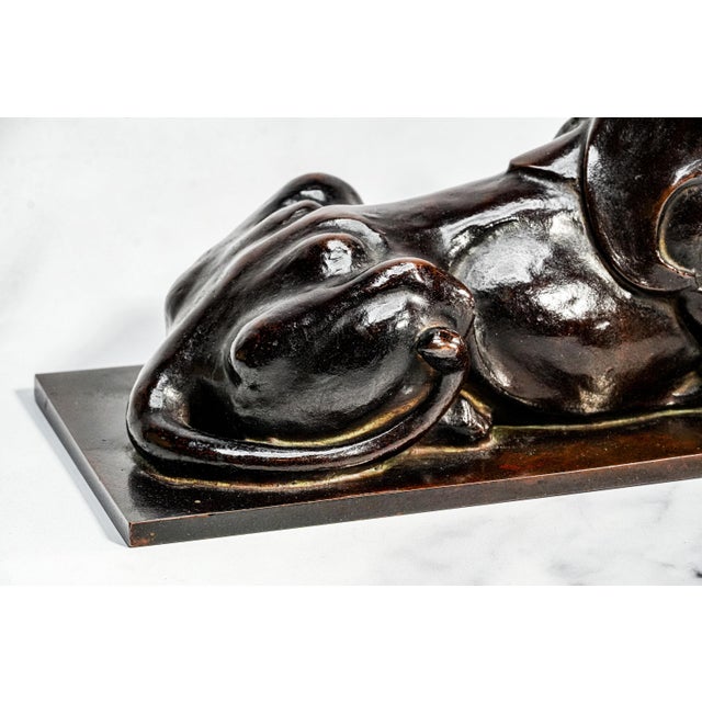 Art Deco Style Antique Recumbent Lion Cast Metal Statue Sculpture Home Decor For Sale - Image 4 of 11