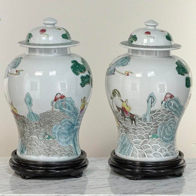Pair Antique Chinese Porcelain Lidded Urns With Wood Bases For Sale - Image 4 of 12