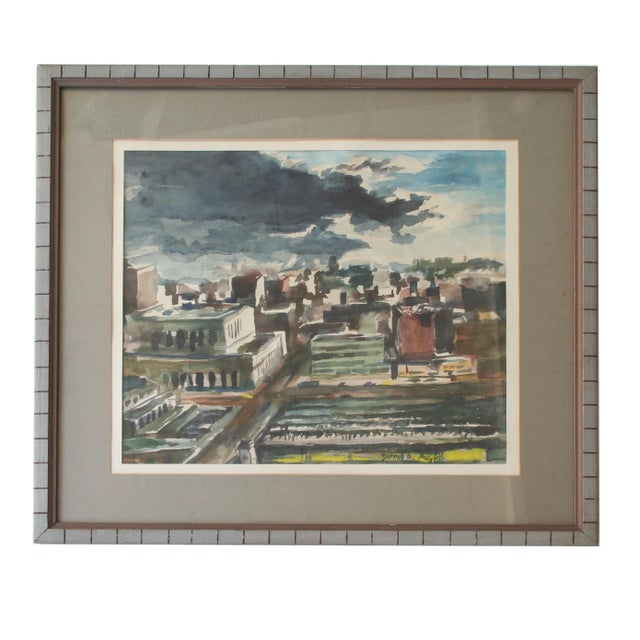 An original, vintage, and beautifully painted stormy and dramatic cityscape. Signed illegibly lower right. Displayed in a...