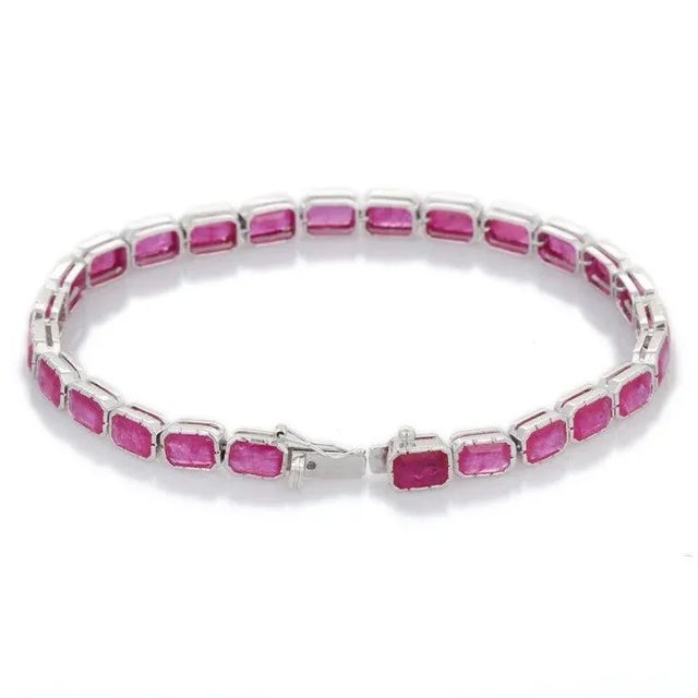 18k White Gold 15.5 CTW Ruby Octagon Tennis Bracelet, Modern Design For Sale - Image 4 of 11