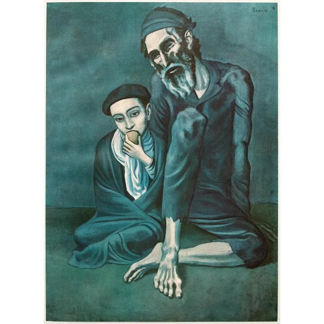 An exquisite vintage period offset lithograph, print, of painting "The Old Jew and a Boy" by Pablo Picasso. Comes from a...