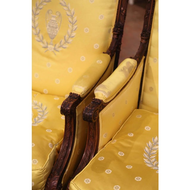 19th Century French Louis XVI Walnut Bergères With Carved Eagle Crest For Sale - Image 9 of 12