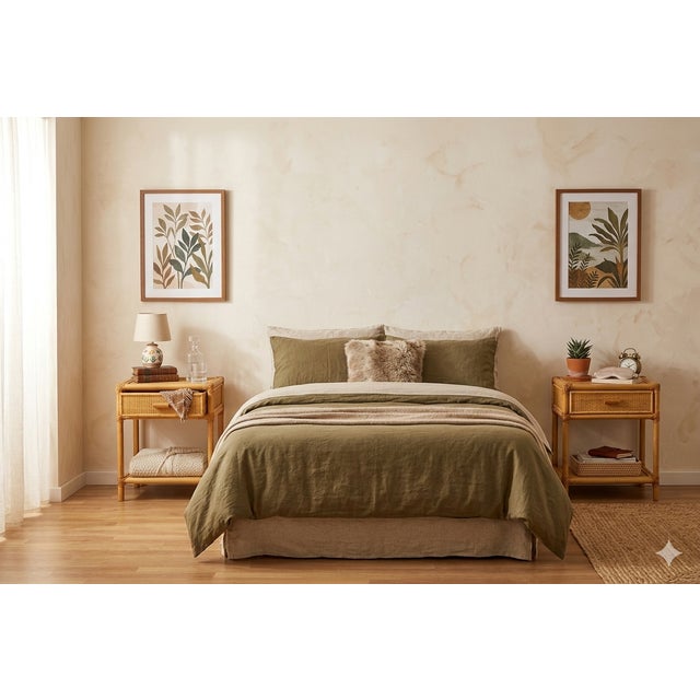 Handcrafted with a bamboo frame and woven wicker finishes (often rabane). They feature an upper drawer with a matching...