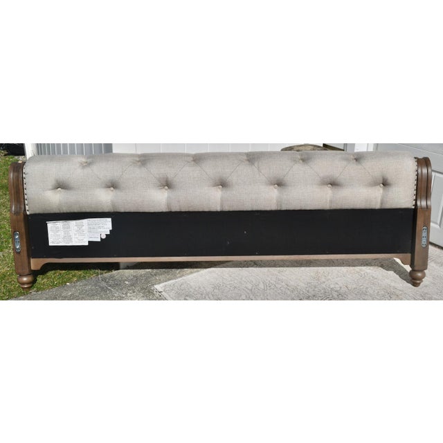 2000 - 2009 Wood King Sleigh Bed Vintage Transitional Style Tufted Upholstered Linen Taupe For Sale - Image 5 of 15