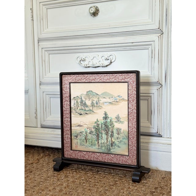 1960s Asian Hand-Painted Landscape Tabletop Screen | Traditional Oriental Desk Decor For Sale In Tampa - Image 6 of 11