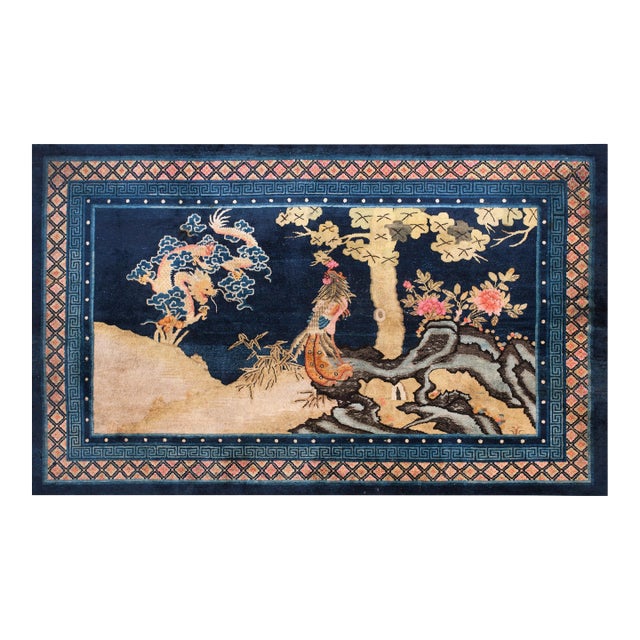 1920s Blue Ivory Coral Antique Chinese Baotou Carpet With Phoenix 5'6" X 9' Pictorial Wool Rug For Sale