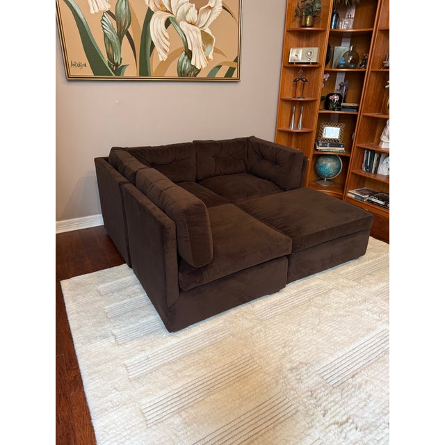 Vintage 1970s Modular Brown Velvet “Playpen” Sofa and Ottoman After Milo Baughman For Sale In Houston - Image 6 of 7