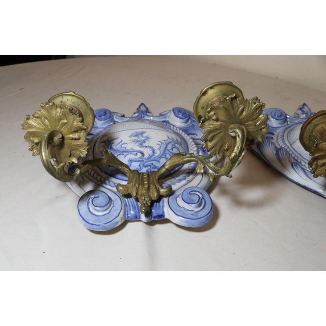 Antique Handmade Galle Nancy St. Clement Pottery Bronze Faience Sconces Fixtures For Sale - Image 4 of 12