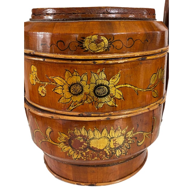 Wood Antique Chinese Round Wedding Basket Two Tier 18” Tall For Sale - Image 7 of 8