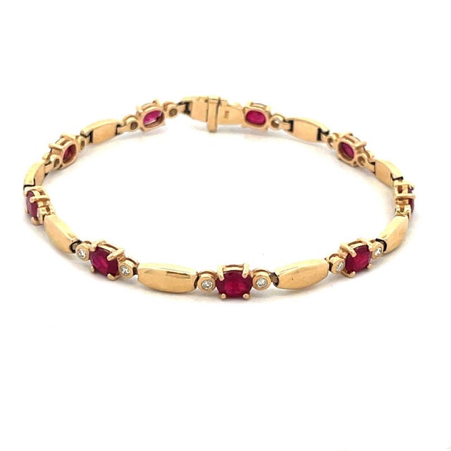 Natural Diamond Ruby Gold Bracelet 14k Yellow Bar Links For Sale - Image 4 of 6
