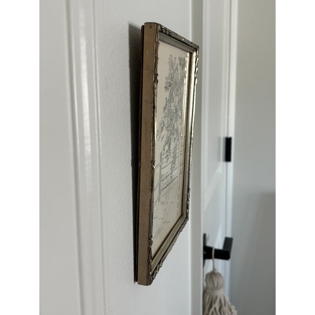 Wood 1940s Original Ink Drawing of Tree and Fence in Silverleaf Frame For Sale - Image 7 of 14