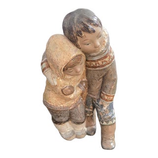 Late 20th Century Lladró “Children in Winter Embrace” Spanish Porcelain Figurine, 12” Tall For Sale