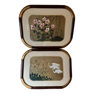 Chinoiserie Vintage Framed Art Prints of Cranes & Cherry Blossoms For Sale