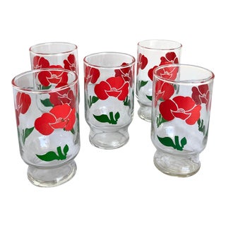 Vintage Mid-Century Anchor Hocking Red Flowers Juice Glasses - Set of 5 For Sale