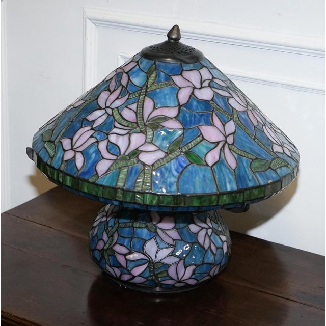 Glass Art Nouveau Floral Lamp in Tiffany Style Stained Glass For Sale - Image 7 of 12