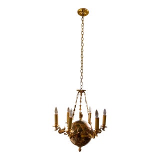 Mid 20th Century Brass & Marble Spherical 6 Light Chandelier With Swans For Sale