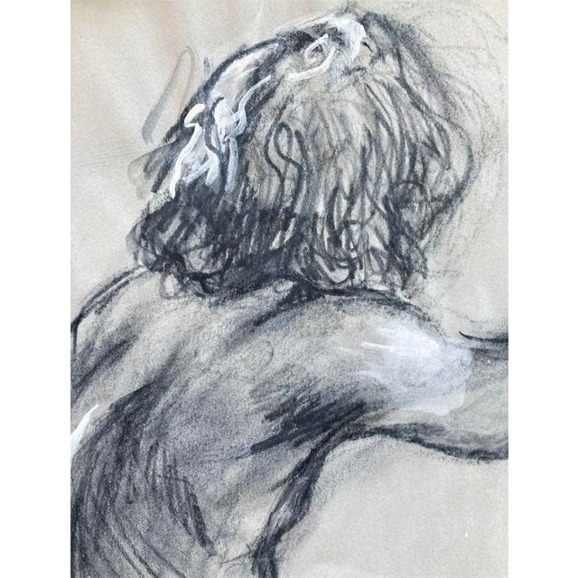 Large expressive. charcoal figure drawn from life on 18" x 24" off white newsprint. Subtle tones of black, white and grey....