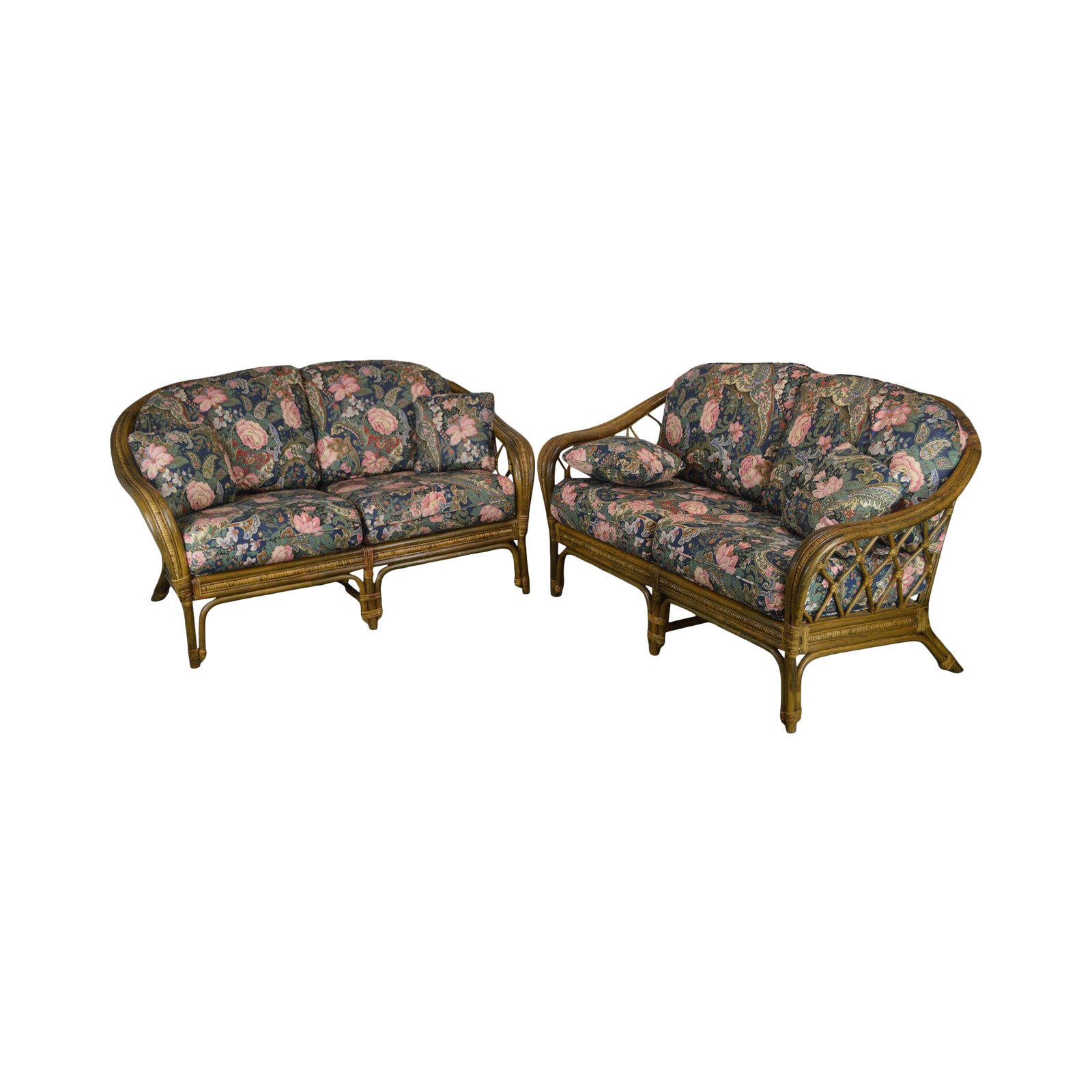 Quality Rattan Curved Back Loveseats With Custom Floral Upholstered