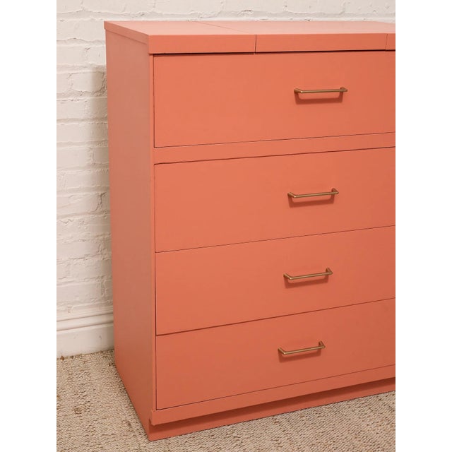 Vintage Postmodern Burnt Orange Four-Drawer Highboy Dresser With Brass Hardware For Sale In Los Angeles - Image 6 of 12