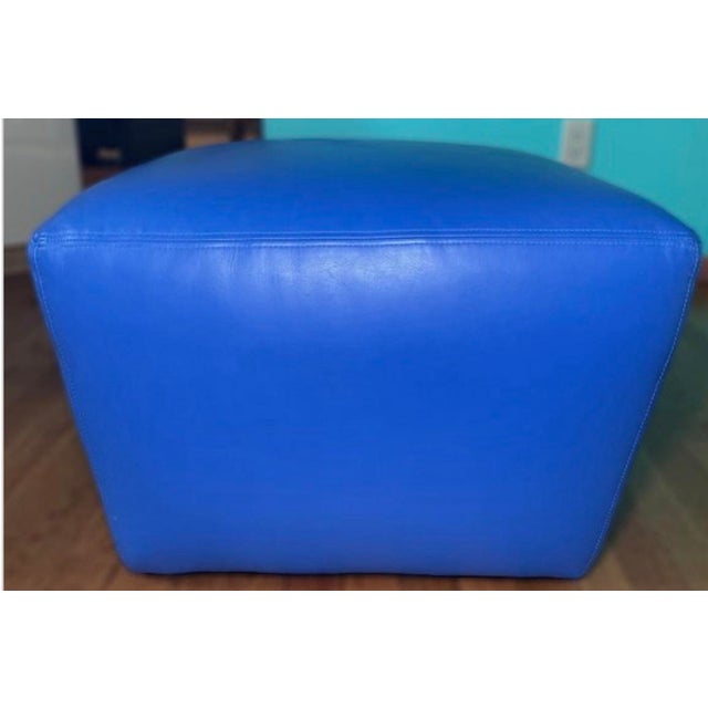 2010s Custom A. Rudin Blue Leather Minimalist Cube Ottoman For Sale - Image 5 of 7